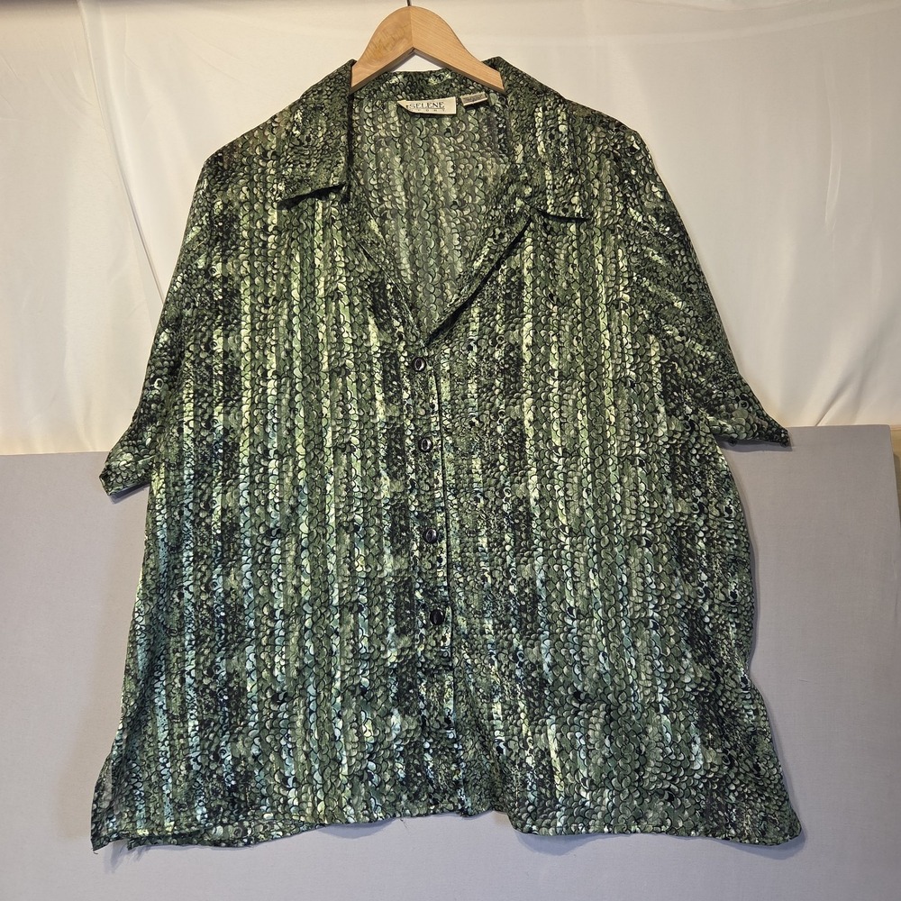 Selene Sport 2X Sheer Green Abstract Blouse Gold Thread Button Front Lightweight